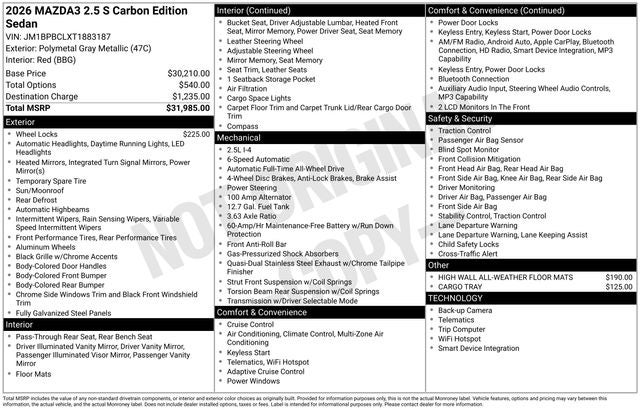 2026 Mazda Mazda3 Sedan 2.5 S Carbon Edition AWD